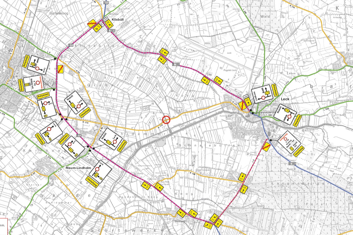 Karte mit Umleitungsstrecken bei Vollsperrung der K 115 (Schnapsweg) zwischen Klixbüll und Leck, Juni bis August 2026